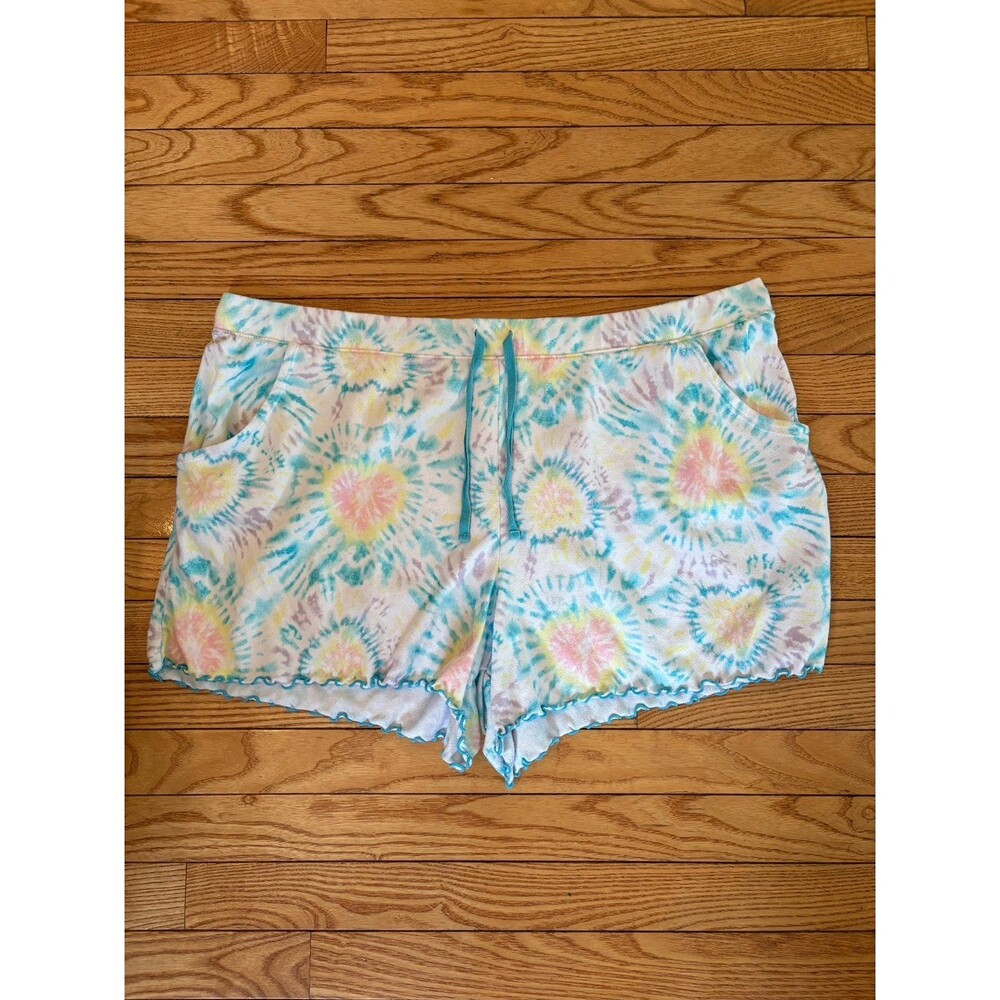 Woman's sleeping shorts tie dye pastel hearts love drawstring pockets booty teen